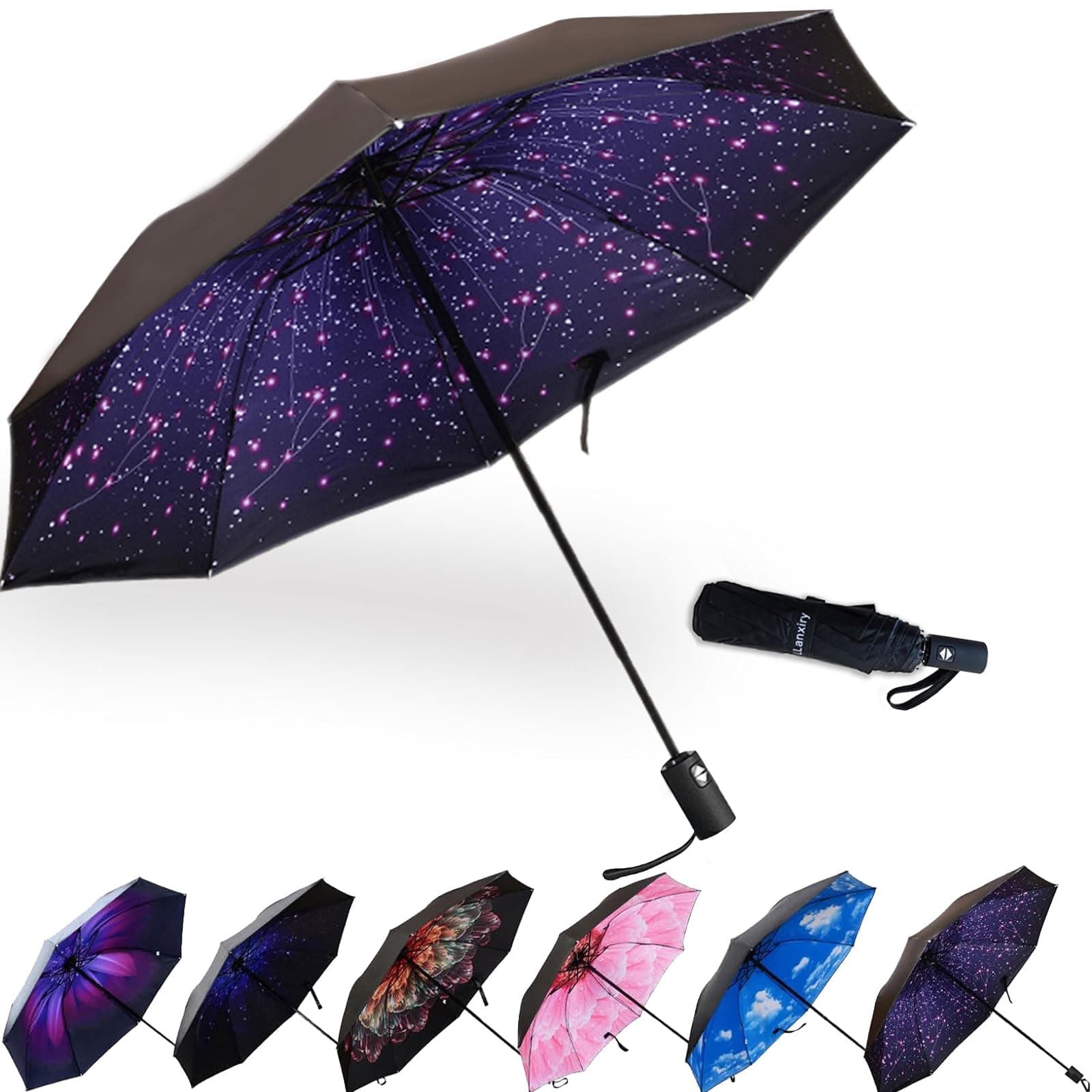 LLanxiry Compact Travel Umbrella, 44" Canopy, Automatic Open/Close Windproof Umbrella, 210T Pongee, 8-Rib Fiberglass, Travel Size Mini, Portable Rain/Sun Umbrellas UPF 50+ with Cover