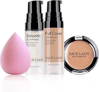 Waterproof Full Coverage Concealer With Primer Sponge Set, Smooth Matte Flawless Creamy Liquid Foundation Corrector Makeup Kit for Face Eye Dark Circles Spot Acne Scar Cover (0.2Fl, Light Natural)
