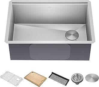 KWU111-17 Kore Workstation Undermount 16 Gauge Single Bowl Bar Kitchen Sink with Integrated Ledge and Accessories (Pack of 5), 17 Inch, Stainless Steel