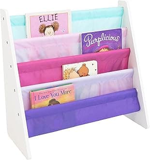 Humble Crew 4-Tier Kids Bookshelf, White/Pink/Purple/Blue - Premium Book Shelf for Kids Rooms with Four Deep Pockets - Toddler Sling Book Rack with Deep Sleeves, Nursery Bookcase Organizer