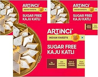 Artinci Sugar-Free Kaju Katli (Pack of 3) - Premium Cashew Sweet, Gluten-Free, Daibetic Friendly, High-Protein, Healthy Dessert, Vegan-Friendly, Low-Glycemic, Guilt-Free Treat