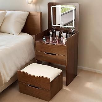 Anwick 3 in 1 Vanity Desk with Flip Top Mirror, Compact Makeup Vanity with Glass Desktop & Cushioned Stool, Small Make Up Vanity Set with 3 Drawers, Dressing Table for Bedroom Apartment (Walnut)