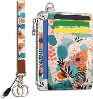 Slim Wallet Women Credit Card Holder, Abstract Boho Floral RFID Blocking Front Pocket Wallet Wristlet Keychain Lanyard, Small Cute Thin Travel Zipper Coin PU Leather Card Case Organizer Gifts