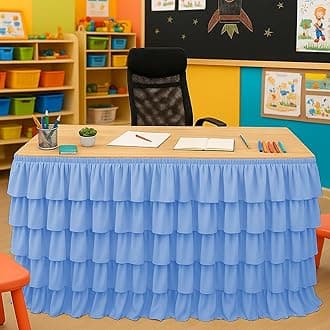 Blue Table Skirt Tutu Ruffled Tablecloth for Classroom Teacher Desk Skirt Back to School Supplies for Princess Girls Birthday Party Cake Dessert Decorations, 6FT