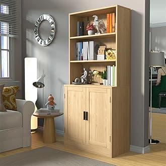 75" Tall Bookcase with Doors, 5 Tier Large Bookshelf with Cabinet, Standing Wood Display Book Shelf for Living Room, Office, Library with Doors, Oak