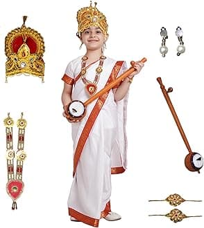 Kaku Fancy Dresses Silk Devi Saraswati White Saree With Jewellery For Girls | Ready To Wear Saree | Mythological Godess Costume With Accessories - 3-4 Years