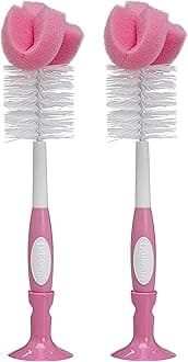 Reusable Sponge Baby Bottle Cleaning Brush with Suction Cup Stand, Scrubber and Nipple Cleaner, BPA-Free, Pink, 2-Pack