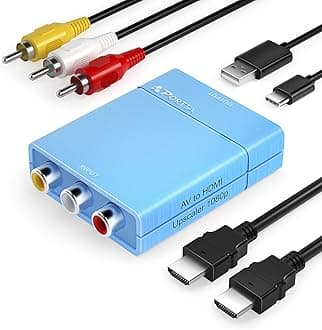 Portta RCA to HDMI Converter, AV to HDMI 1080P, Mini Composite CVBS to Digital Adapter, Support PAL/NTSC, Compatible with VHS, VCR, PS3, N64, Wii, STB, Xbox, Blue-Ray DVD Players, Blue