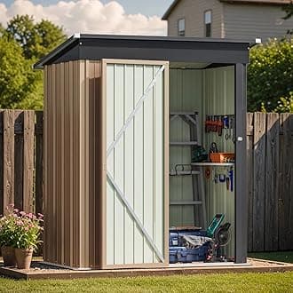 Greesum 5×3 FT Outdoor Storage Shed, Metal Storaged Sheds Without Floor, Tool Sheds with Lockable Doors and Sloping Roof for Garden, Patio, Backyard, Brown