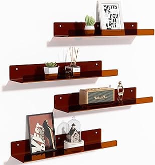 upsimples Acrylic Shelves for Wall Decor, 15" Display Shelf Perfume Organizer for Bathroom, Bedroom, Living Room, Floating Bookshelves for Kids, Clear Brown, 4 Pack