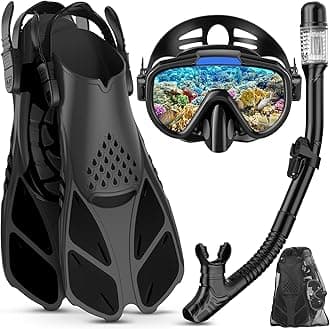 – Snorkel Set Adult with Flippers, Anti-Fog Diving Set, Dry Snorkel, Adjustable Flippers, Snorkelling Packages for Men and Women