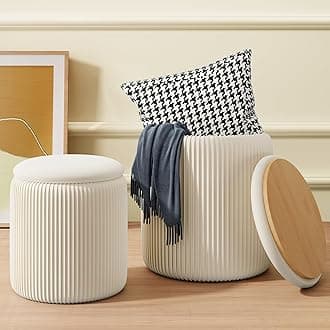 Round Ottoman with Storage Set of 2, White Vanity Stool, Upholstered Velvet Storage Ottomans, Makeup Chair Seat for Bedroom, Small Pouf Footstool for Living Room
