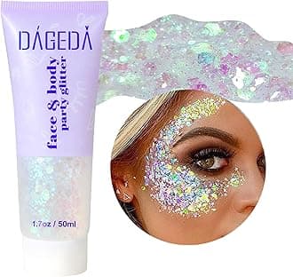DAGEDA Body Glitter Gel, Face Glitter Body Gel Sequins Shimmer Liquid Eyeshadow, Chunky Glitter for Face Hair Nails, Holographic Cosmetic Laser Powder Festival Glitter Makeup 50ml(White)