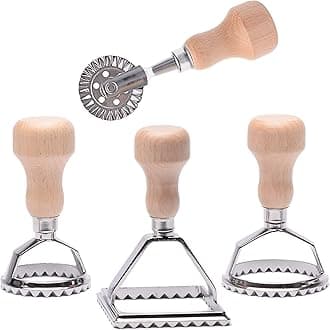 MASTER FENG 4PCS Ravioli Stamp Maker Cutter, Ravioli Cutters Mold with Wooden Handle and Fluted Edge Pasta Maker Kitchen Attachment with Pastry Cutter Wheel for Ravioli Pastry Pasta Dumplings Cookies
