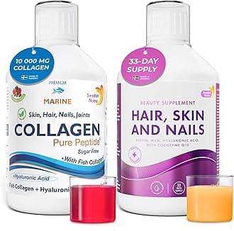 Swedish Nutra - Hydrolyzed Marine Collagen & Hair, Skin & Nails Liquid Supplements - 2 x 500 ml | Peptide, Vitamins, Collagen, Biotin, MSM, Hyaluronic Acid & CoQ10 | High Absorption & Natural Flavour