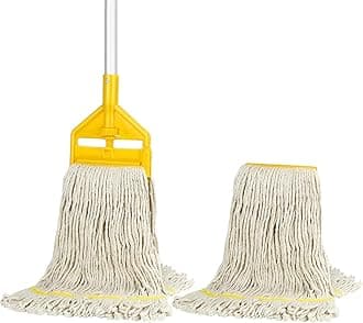 Commercial Mop Heavy Duty Industrial Cotton Mop with Long Handle,Looped-End String Wet Mops with Extra Replacement Mop Head for Home,Garage,Office, Workshop, Warehouse Floor Cleaning