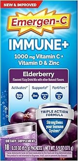 Immune+ Triple Action Immune Support Powder, BetaVia (R), 1000mg Vitamin C, B Vitamins, Vitamin D and Antioxidants, Elderberry – 18 Count