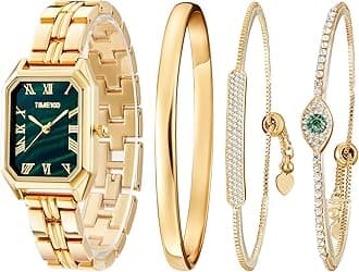 Women's Bangle Watch and Rose Gold Watch Chain Bracelets Rectangle Bracelet Watches Premium Crystal Accented Bangle Set
