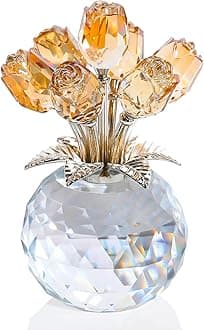 Ornalrist Crystal Gold Roses Flower Figurine with Vase, Glass Roses Bouquet Floral Collectible Gifts for Women Mum on Valentine's Day Golden Wedding Anniversary