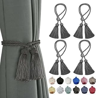 BEL AVENIR 4 Pack Curtain Tiebacks Handmade Decorative Curtain Holdbacks Rope with Tassel- Black Grey