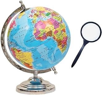 GeoKraft Educational Political Metal Base STEM Globe with Magnifying Glass for Kids (8 Inch, Blue)