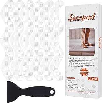 Anti Slip Shower Stickers, Adhesive Decals Safety Strips with Scraper for Bath Tub, Shower Floor, Stairs, 24 Pieces (White)