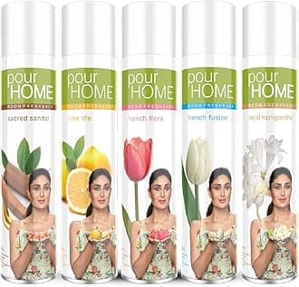 POUR HOME Sandal, Lime,Flora,Fusion,Rajnigandh Room Air Freshener Spray -220ML Each (Combo of 5) | Long-Lasting Fragrance - Reduces Odours - Suitable for Home & Office