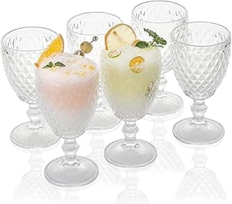 1500 C Tabletop Argyle ollection Goblet Glasses 10 oz. set of 6 from rystal lear Water Goblets Vintage Embossed with Diamond Pattern for Iced Tea Beverage for Party and Wedding