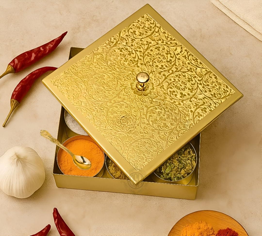 DSH CRAFTING YOUR CURIOSITY Brass Spice Box Square Shape Multipurpose Stylish Masala Dani Dabba With 1 Spoon And 9 Containers For Kitchen. (Br-8-Masalabox-Sqr),Gold