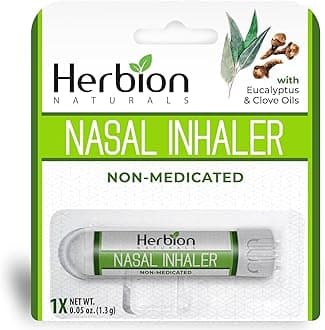 HERBION Naturals Nasal Inhaler Non-Medicated, Relieves Nasal Congestion & Blockage, Sinusitis Conditions, Menthol, Clove Oil, Eucalyptus Oil & Camphor, 0.05 Fl Oz (1.5ml)