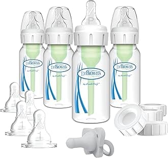 Dr. Brown's Anti-Colic Options+ Narrow Breast to Bottle Pump and Store Feeding Set with Slow Flow Nipples, Baby Bottle Travel Caps and 100% Silicone HappyPaci One-Piece Pacifier