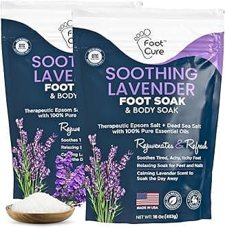 FOOT CURE Soothing Lavender Soak with Epsom Salt, Made in USA, Soak Soothes Sore Tired Feet, Athletes , Stubborn Odor, Softens Calluses & Helps Treat Toenail, 16 oz,2 Pack