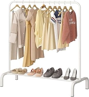 Metal Clothes Rail 110 CM Clothing Rack Rail Coat Rail with Bottom Rack for Clothes, Coats, Skirts, Shirts, Sweaters, White