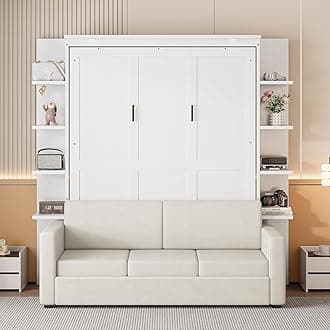 Queen Murphy Bed with Couch and Storage Shelves,Wood Murphy Wall Bed Cabinet with Storage Shelves and Sofa,Folding(White)
