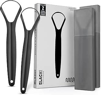 MasterMediBlack Tongue Scraper with Cases (Spoon Shape, 2 Pack), Tongue Scrubber for Bad Breath Treatment, Easy to Use Tongue Scraper for Adults, Tongue Cleaner for Oral Care