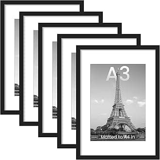 upsimples A3 Picture Frame Set of 5, Display Pictures 8.3x11.7 with Mat or 11.7x16.5 Without, Wall Gallery Poster Frames, Black