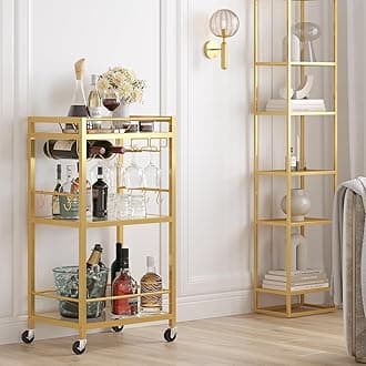 Gold Bar Cart, 3-Tier Mirrored Shelf Serving Cart with Wine Rack, Rolling Beverage Cart, BC01BB033