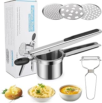 Professional Potato Ricer with Vegetable Peeler, Stainless-Steel Heavy-Duty Potato Masher with 3 Interchangeable Strainers for Coarse, Medium & Fine, Food Press for Mashed Potatoes, Puree, Fruit