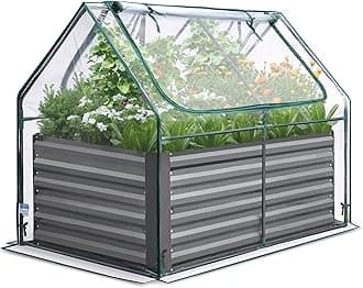 4x3x2ft Galvanized Raised Garden Bed with Cover Metal Planter Box Kit, w/ 2 Large Screen Windows Mini Greenhouse 20pcs T Tags 1 Pair of Gloves Included Outdoor Growing Vegetables (Clear)