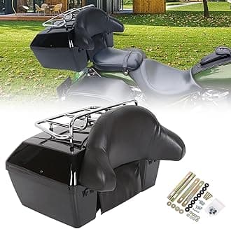 ECOTRIC Motorcycle Tour Pack Trunk w/Top Rack & Backrest Compatible with Harley Honda Yamaha Suzuki Cruiser Universal Motorcycle Top Case Tail Box Black Plastic w/Lock