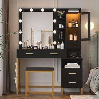 Black Vanity Desk with Lighted Mirror and Chair, Makeup Vanity with Charging Station, 5 Drawers Vanity Table Set with LED Cabinet & Storage Bag, Makeup Dressing Table for Girls Women