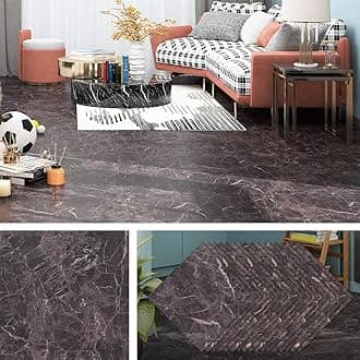 Livelynine 32pcs Tiles Dark Marble Effect Self Adhesive Vinyl Floor Tiles Kitchen Flooring Bathroom Lino Flooring Stick on Floor Tiles for Hallway Bedroom Laminate Flooring Packs Brown 30CMX30CM