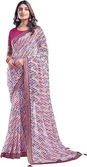 SAMAHWomen's Bandhani Printed | Leheriya Printed Chiffon Saree with Unstitched Blouse Piece