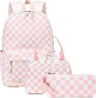 Teen Girls School Backpack Kids Bookbag Set with Lunch Box Pencil Case Travel Laptop Backpack Casual Daypacks (Pink white checkered)