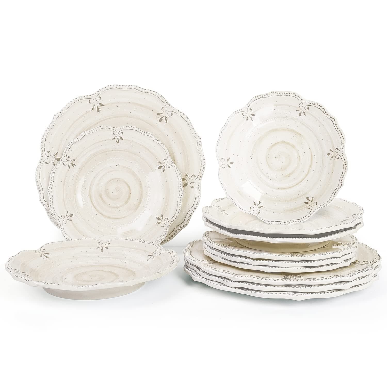 Dinnerware Sets 12 pcs Plates and Bowls Sets Melamine Plates Indoor and Outdoor use French Court Style Dish Set Plate Set for 4 Dishwasher Safe(White)