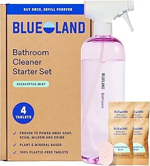 BLUELAND Bathroom Cleaner, Starter Set, Eucalyptus Mint Scent, Spray Bottle with 4 Refill Tablets, Eco-Friendly Cleaning Supplies, 4 x 24 Fl oz