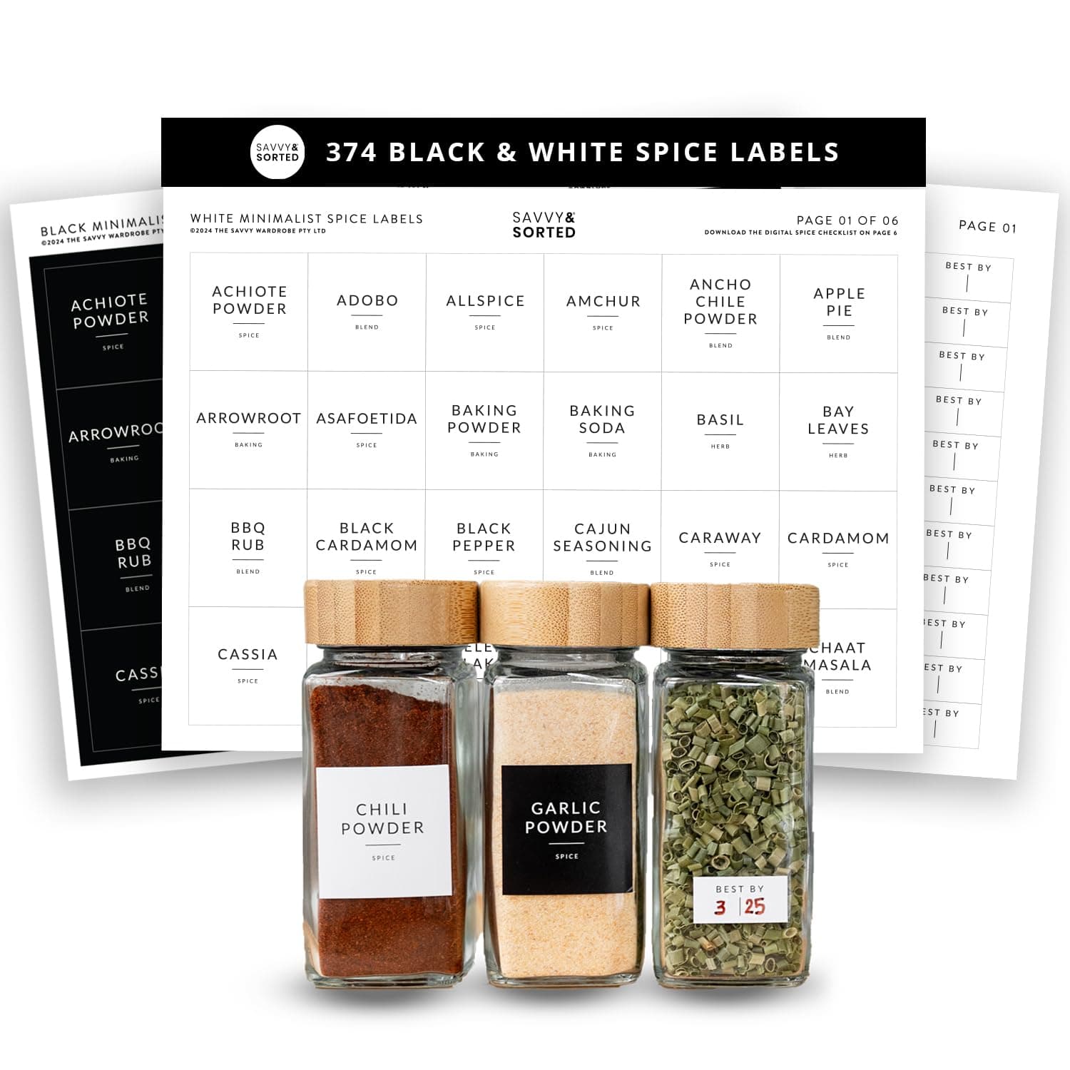 Square Spice Jar Labels Stickers, 374 Preprinted Waterproof Spice Labels for Glass Jars Bottles, Herbs Seasonings Label Only, Kitchen Pantry Organization