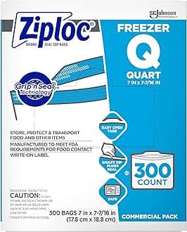 - SC Johnson Professional Ziploc Quart Food Storage Freezer Bags, Grip 'n Seal Technology for Easier Grip, Open, and Close, 300 Count
