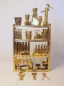 Handcrafted Brass Miniature Kitchen Set/Bhatukali/Toy Set/Home Decor/choppu Jaman/Real Cooking Kit for Play with Brass Stand (Gold 6)