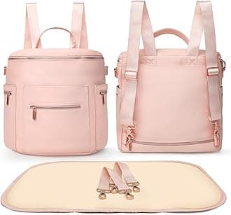 miss fong Pink Diaper Bag Backpack Baby Diaper Bag, Large Leather Diaper Backpack with 16 Pockets Travel Diaper Bag with Diaper Changing Pad,Pink Baby Backpack Stroller Straps & 2 Insulated Pockets